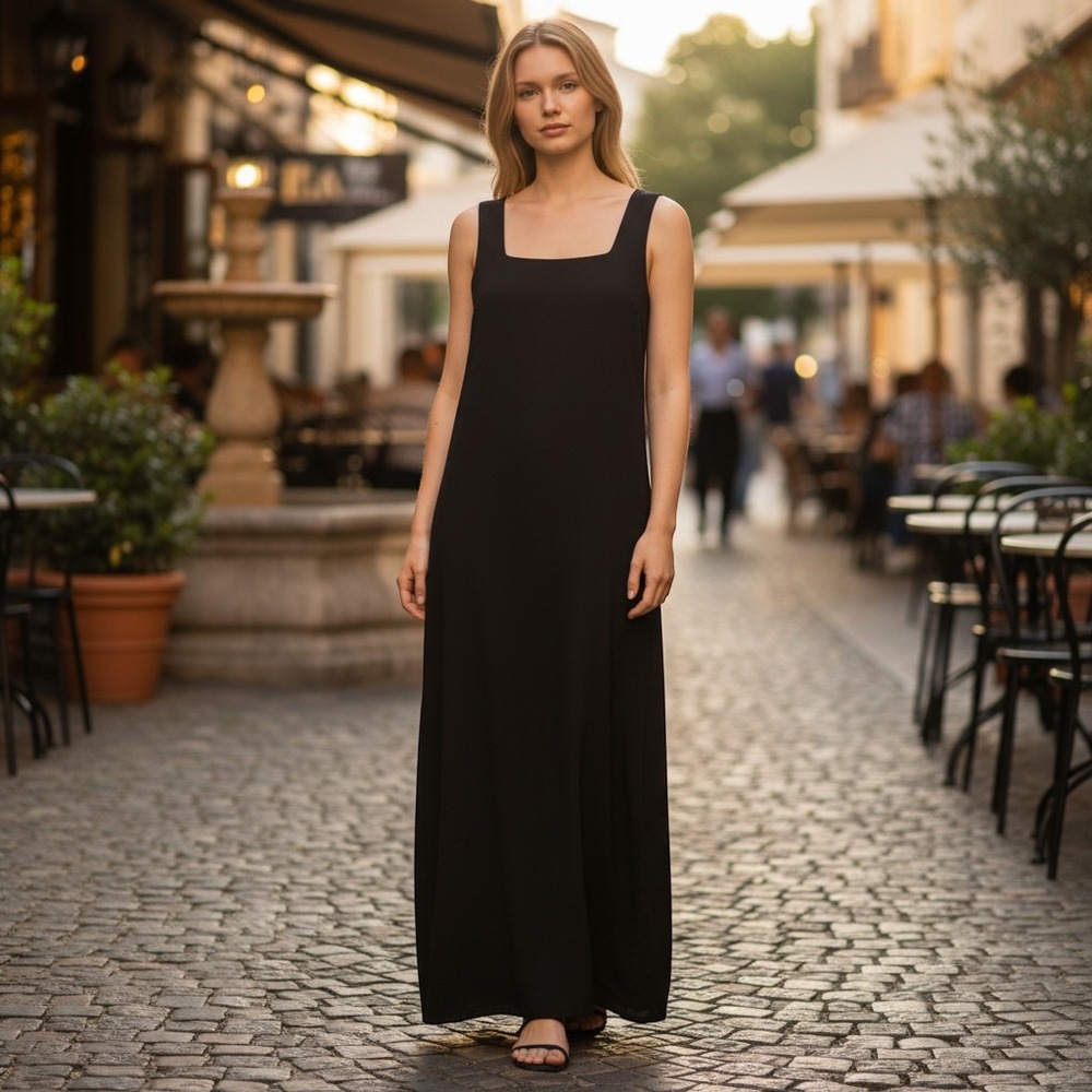 Cupshe Square Neck Maxi Dress‎ Medium Black Vacation Slip Clean Girl Resortwear